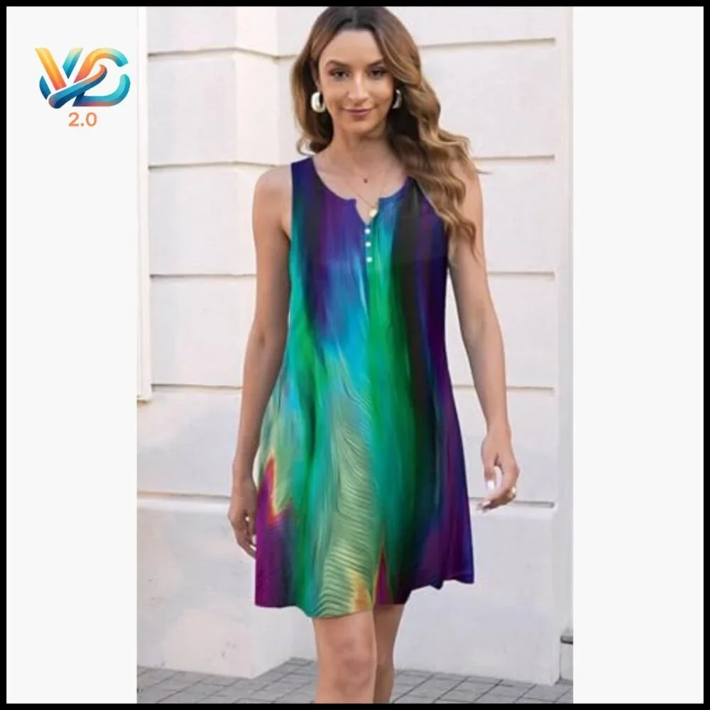 Women's Sleeveless V-Neck A-Line Dress with Pockets, Casual Boho Floral Summer
